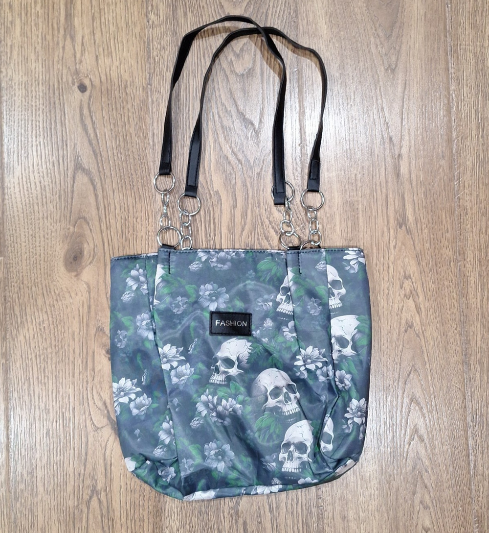 Fashion Purse Black Tote Bag with White Skulls and Green Floral Design